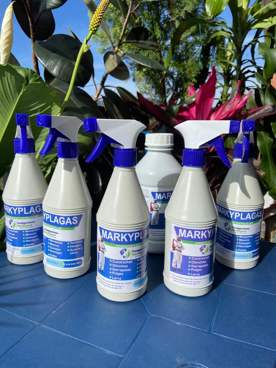 Línea de productos Markyplagas: spray en gatillo y presentación en galón, marca Fumigaciones Markbyscol